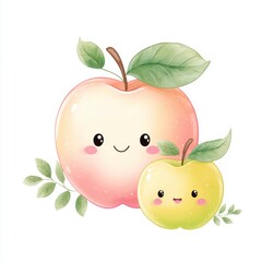 Kawaii fruit family portrait featuring a big smiling apple and a small baby apple in pastel colors