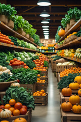 the produce section of a busy grocery store with shelves filled with an abundance of fresh, colorful vegetables and fruits