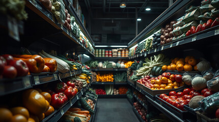 the produce section of a busy grocery store with shelves filled with an abundance of fresh, colorful vegetables and fruits