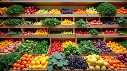 the produce section of a busy grocery store with shelves filled with an abundance of fresh, colorful vegetables and fruits