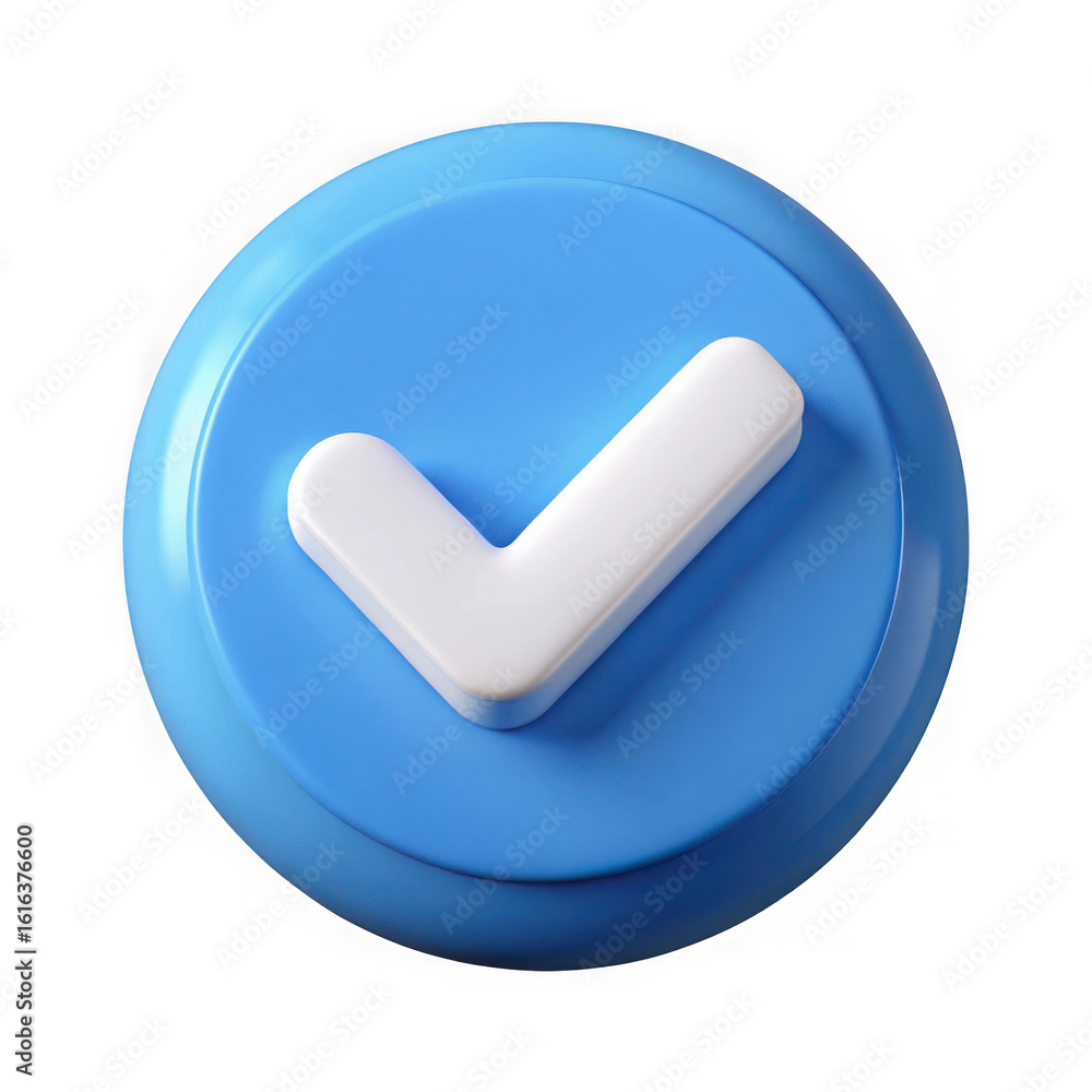 Poster blue circular button with white check mark isolated on transparent background