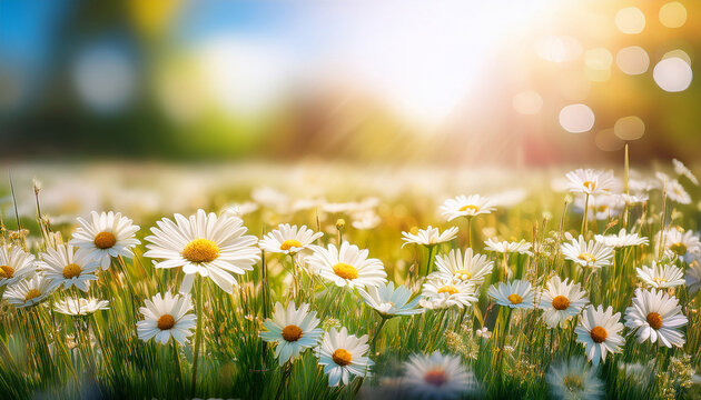 daisies field background spring flowers meadow summer nature floral wallpaper sunny day bokeh effect - Powered by Adobe