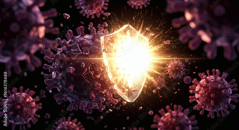 Poster immune system protection concept with a glowing shield defending against viral pathogen attacks on a