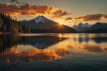 Fototapeta premium “Majestic Sunset Over Serene Mountain Lake – Nature Landscape Reflection”