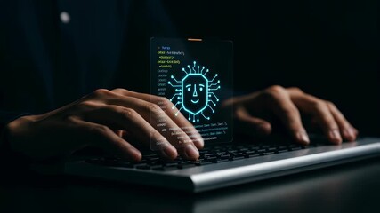 Male coder typing on keyboard with glowing artificial intelligence face. Digital coding concept for ai software development footage. - Powered by Adobe
