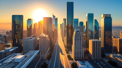 Stunning city skyline at sunrise with golden light illuminating modern architecture and empty streets capturing urban tranquility and a sense of new beginnings