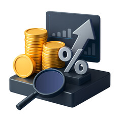 3D render of financial analysis and investment growth concept, featuring gold coins, a percentage sign, an upward arrow on a graph, and a magnifying glass, isolated on a white background.