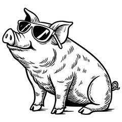 Cool Pig Wearing Sunglasses: Black and White Illustration