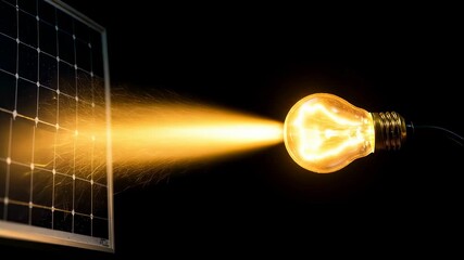 Solar panel powering light bulb with beam of energy. Renewable green energy source concept for sustainable future footage. - Powered by Adobe