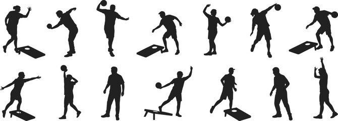 Cornhole throwing silhouette, bean bag toss game figures, outdoor sport players, competitive silhouette poses, backyard activity silhouettes, cornhole player action vector illustration