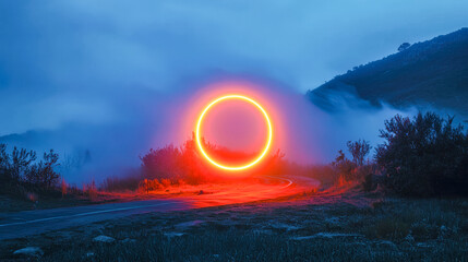 Surreal neon eclipse over a misty mountain landscape