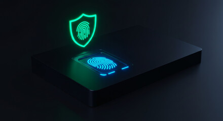 Advanced cybersecurity concept showing a glowing biometric fingerprint scanner with a protective shield hologram for secure data access and authentication.