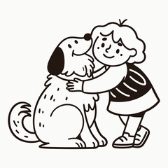 Happy Child Hugging Dog, Black and White Illustration