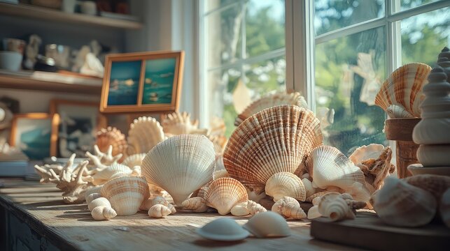 Seashell collection on table with warm light organized layout and natural charm ideal for ocean themes and hobby visuals