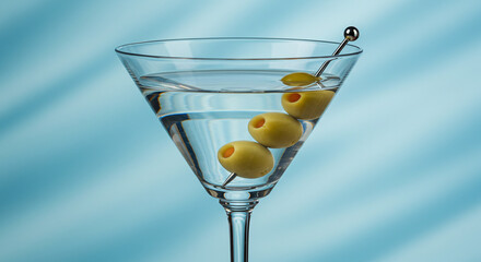 ''A classic martini cocktail with three skewered green olives, served in a sleek glass against a soft blue gradient background,...