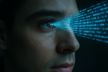 Man processing stream of digital information through his eyes. Concept of future tech where data and information are absorbed directly. A powerful visual for big data and human evolution.