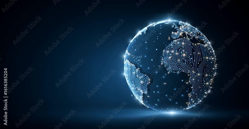 Poster a digital planet earth with glowing circuit lines, a technology background for a global network and 