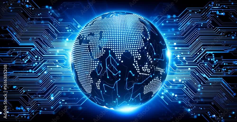 Poster a digital earth with glowing lines and a circuit board background, symbolizing global network techno