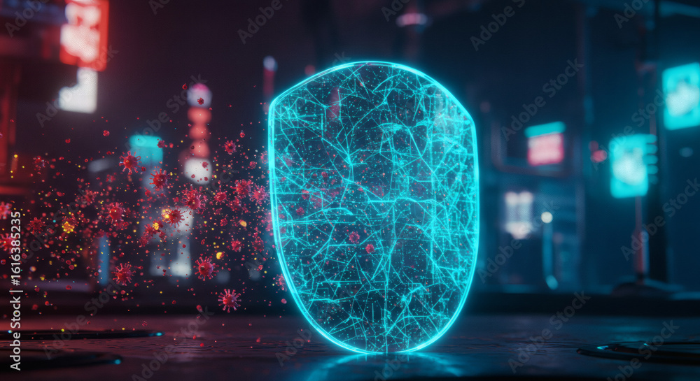 Poster concept of advanced cyber security showing a luminous energy shield defending against a digital viru