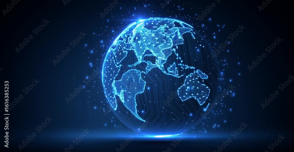 Poster glowing planet earth with digital circuit lines on a dark blue background, representing the global n