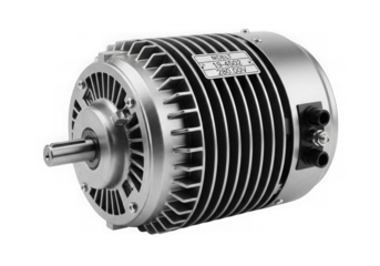 A silver electric motor with cooling fins isolated on transparent background