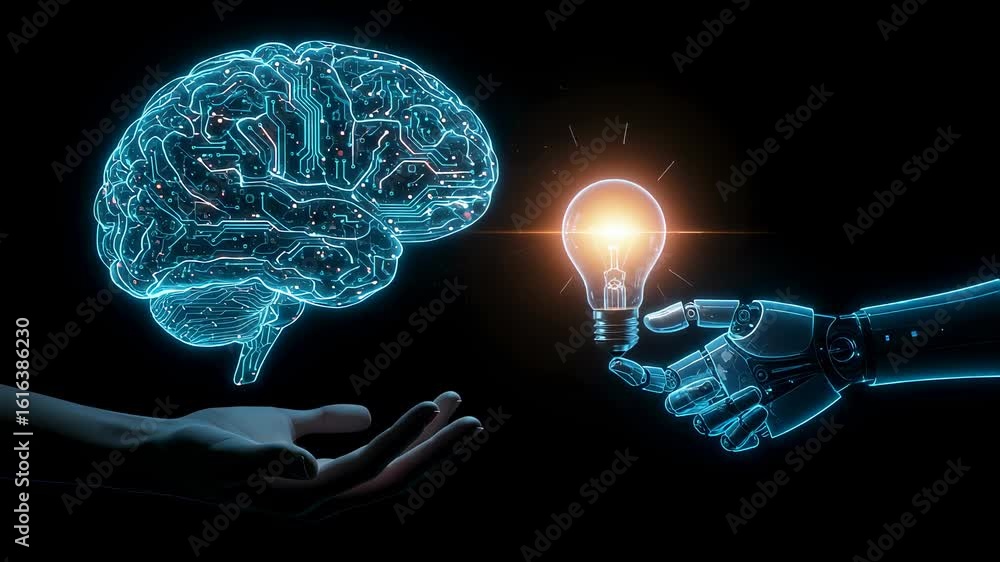 Poster human hand receiving brain circuit from robot hand with light bulb. artificial intelligence and huma