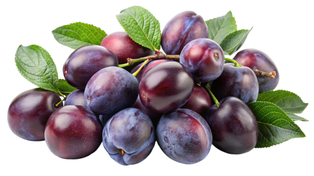 A vibrant cluster of ripe dark purple plums with green leaves presented against a stark black background for visual emphasis