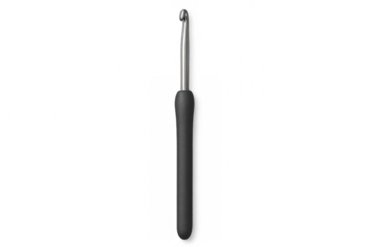 Ergonomic gray crochet hook with comfortable grip, showcasing crafting precision on transparent background