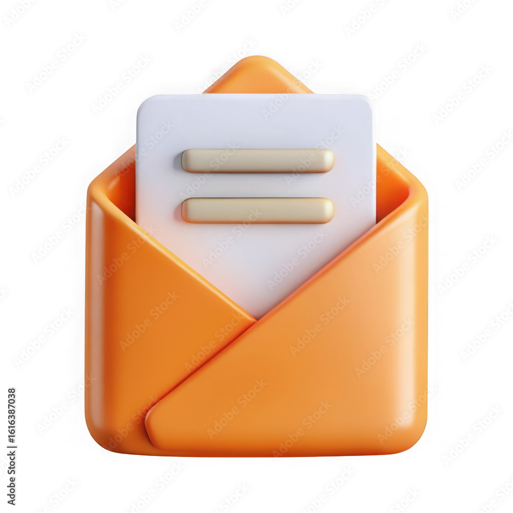 Poster orange envelope with white paper and two lines isolated on transparent background