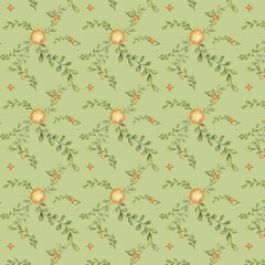 Pattern on a white background with a watercolor sun and green branches. 