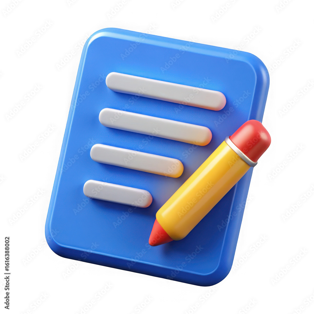 Poster blue notepad and yellow pencil icon isolated on transparent background