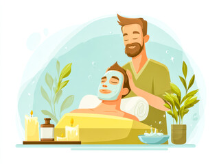 Man receiving relaxing facial treatment in a spa setting with candles and plants