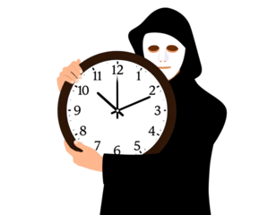 A masked man in black grips a clock, his face partially obscured, creating a mysterio