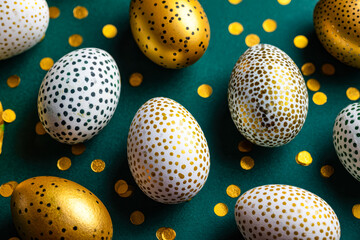 Festive Easter eggs with gold and white dotted patterns on a green background with scattered confetti