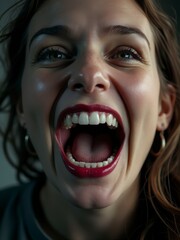 Closeup of a woman screaming, showing intense emotion and raw expression.