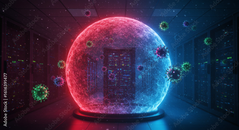 Poster a glowing digital firewall sphere protecting server racks in a data center from malicious virus atta