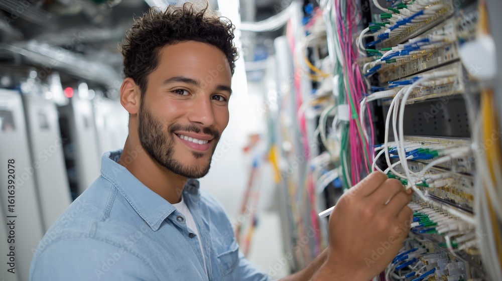 Poster technician working on network cables in data center with smile and focus in modern facility
