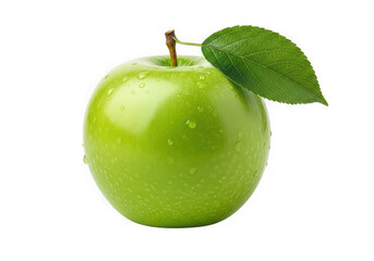 A fresh green apple with a leaf is isolated on transparent background