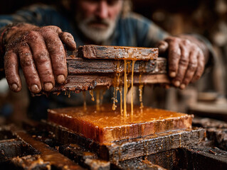 apple cider pressing day, farmers loading wooden press, early fall harvest activity at rustic orchard
