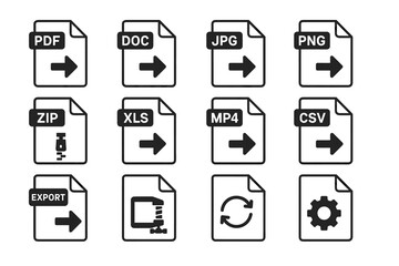 Set of twelve file type icons including pdf, doc, jpg, and more with export and settings