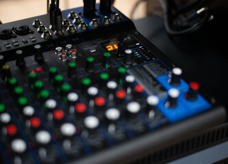 Mixing consoles are devices for creating high-quality sound. control of sound sources at concerts and holidays. Audio channel strips and frequency and volume control sections. High quality photo