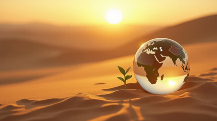 Photorealistic Glass Globe Representing Earth Resting on Golden Sand Dunes