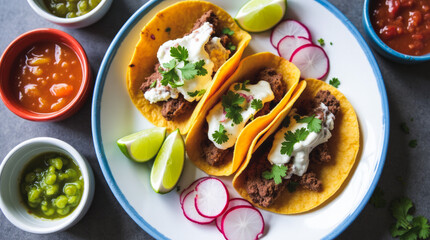 Mexican Street Snack Tacos Al Pastor Overhead Plate with Lime and Radish