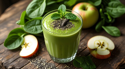 Green detox smoothie, blended vegetarian drink, protein milkshake in a glass from spinach, banana, apple, avocado and seeds on a table, healthy eating concept .