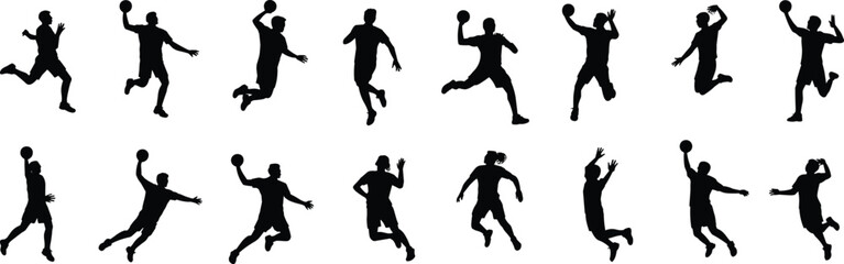 Handball player silhouette, throwing ball pose, sports vector figure, athlete in motion, team handball artwork, action pose shadow graphic design
