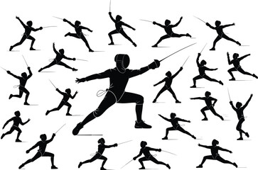 Fencing silhouettes, sword duel vector, foil fighter poses, martial art motion, sports combat figure, lunge attack stance, Olympic fencing illustration