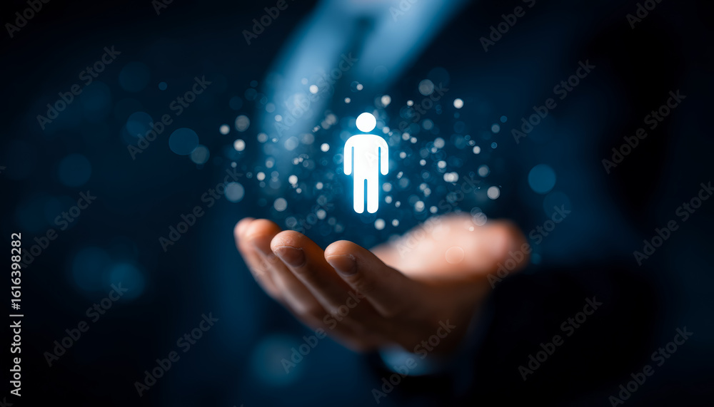 Poster digital human connection symbol hovering above a hand in a dark background