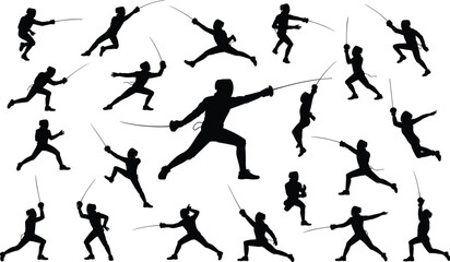 Fencing silhouettes, fencer poses, sword lunge motion, dynamic combat figure, foil duel artwork, sportsman illustration, martial stance vector, shadow fencing activity