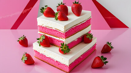 Stack of pink vanilla double layer cake slices with strawberries. Pop art food color blocking aesthetic. 