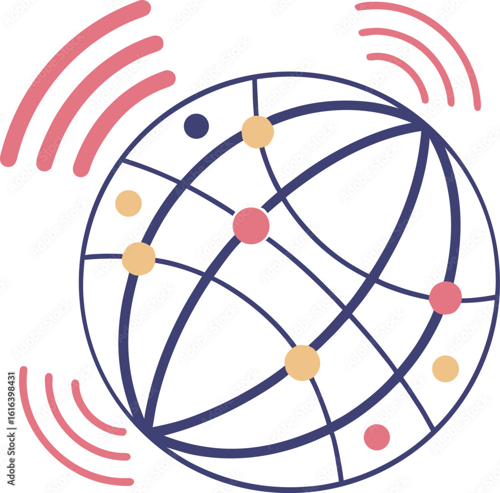 Poster globe network connection with pink signal waves communication
